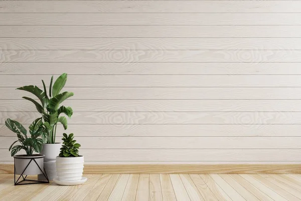 Güzel desenli tahta duvarları olan boş bir oda. Arazi 3D çiziminin yanında ağaçlar var.