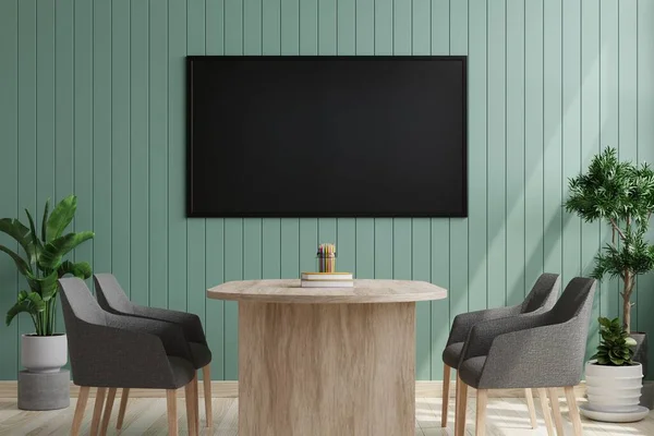 Green Wooden Wall Meeting Room Armchair Desk Set Front Wooden — Stock Photo, Image