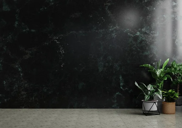 Empty Room Dark Marble Walls Decorated Trees Tiled Floor Rendering Stock Photo