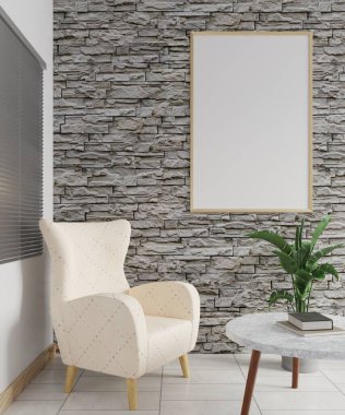Oturma odasındaki tuğla duvardaki büyük resim çerçevesi. Döşeme 3D döşeme üzerinde koltuk ve saksılarla süslenmiş.