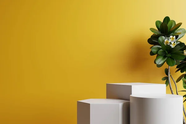 Podio Blanco Con Plantas Verdes Los Lados Hermoso Fondo Amarillo — Foto de Stock