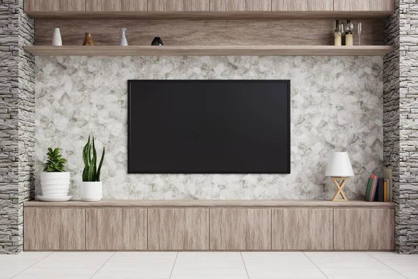 Large TV on the marble wall in the living room has flower pots, lamps and books on the wooden cabinet, decorated with wine glasses and vases on the shelves.3d rendering