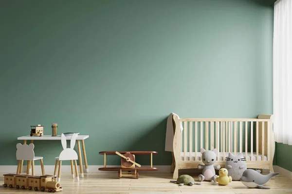 Children Room Green Wall Blank Newborn Bed Window Decorated Toys Stock Photo