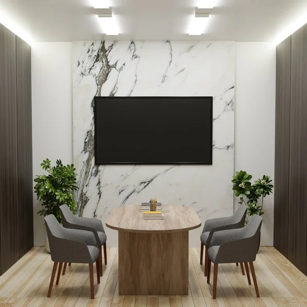 Meeting room with TV on white marble wall, with table and chairs for meeting. The side walls are dark wood and decorated with flower pots.3d rendering