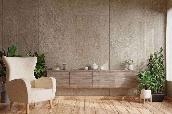 Beton duvarlı oturma odası boştu, ahşap dolaplarda kitaplar ve kahve fincanları vardı ve yerde saksılar ve koltuklarla süslenmişti.