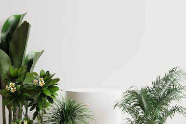 White circle podium decorated with side trees and white background.3d rendering