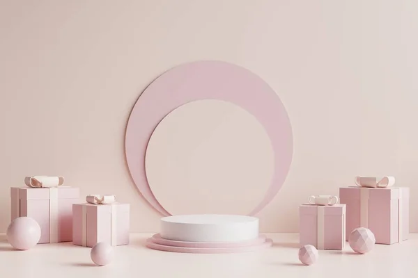 Подиум Белого Круга Украшен Розовой Подарочной Коробкой Сбоку Кремовым Фоном — стоковое фото