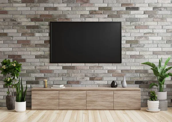 Living Room Brick Wall Wooden Cabinets Plant Pots Floor Rendering — Stock Photo, Image