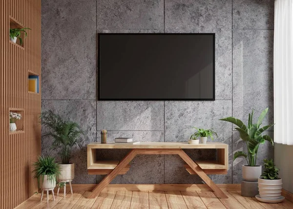 Dark Concrete Wall Modern Living Room Wooden Wall Decorated Table Stock Image