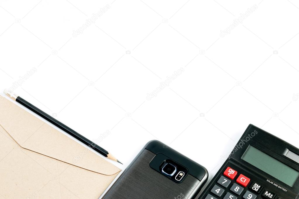 White copy space with Calculator, Smartphone, Envelopes and Pencil beautifully arranged orderly