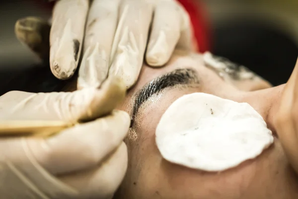 Makeup eyebrow tattooing, pretty asian woman face closeup — Stock Photo, Image