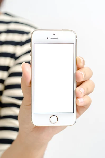 Isolated woman hand holding the phone tablet touch computer gadg — Stock Photo, Image