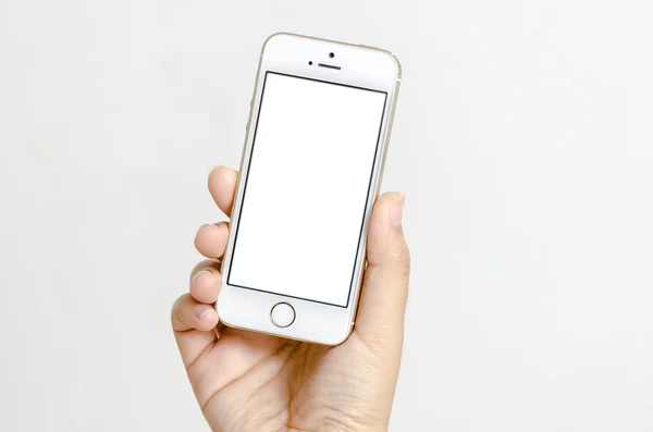 Isolated woman hand holding the phone tablet touch computer gadg — Stock Photo, Image