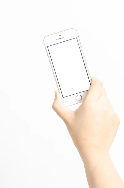 Isolated woman hand holding the phone tablet touch computer gadg — Stock Photo, Image