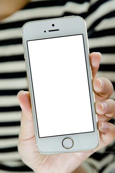 Isolated woman hand holding the phone tablet touch computer gadg — Stock Photo, Image