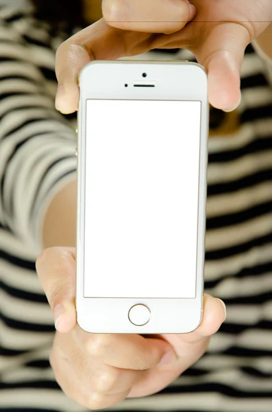 Isolated woman hand holding the phone tablet touch computer gadg — Stock Photo, Image