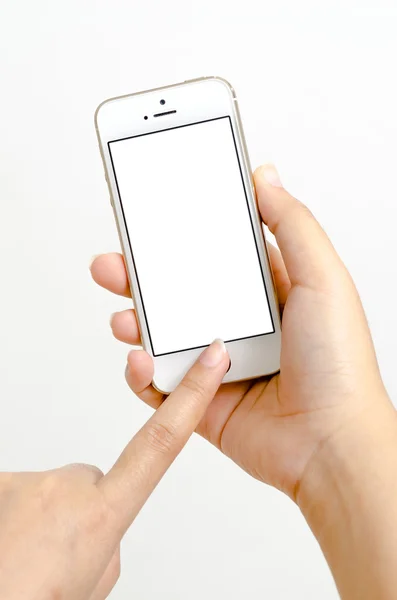 Isolated woman hand holding the phone tablet touch computer gadg — Stock Photo, Image