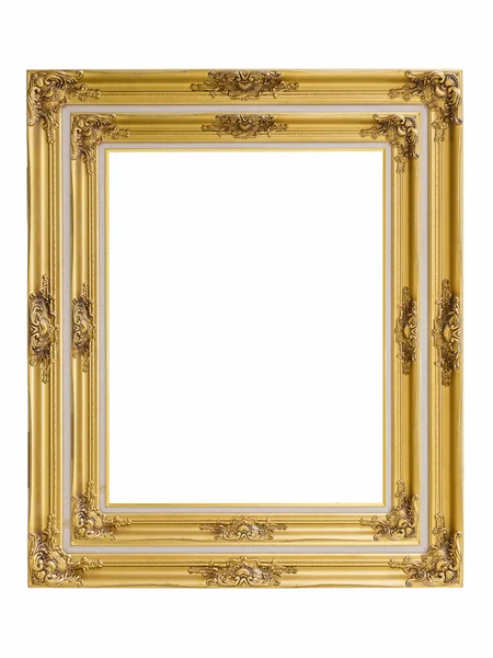 Marco de fotos de lupa dorada sobre fondo blanco, objeto aislado Imágenes de stock libres de derechos