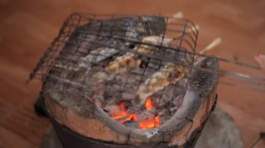 Kamp ateşi balık ızgara. Full Hd