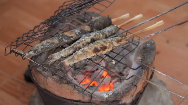 Fischgrillen am Lagerfeuer.full hd — Stockvideo