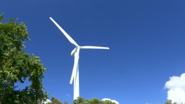 Hermosas turbinas eólicas que generan electricidad con fondo azul en Tailandia — Vídeos de Stock