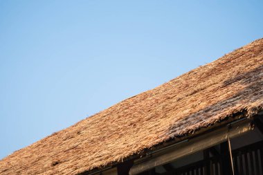 Mimari güzelliği gösteren açık mavi gökyüzüne karşı geleneksel bir sazlık çatısına ayrıntılı bir bakış..