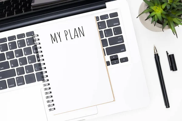Notebook Plan Text Top White Office Desk Table Supplies Top — Stock Photo, Image