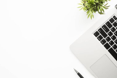 Lattop bilgisayarı, kalemi ve küçük bir saksısı olan beyaz çalışma masası. Kopyalama alanı olan üst görünüm, düz yatay.
