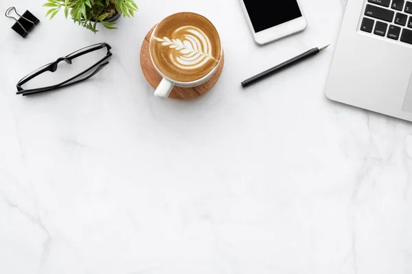 White Marble Office Desk Table Laptop Computer Cup Coffee Office — Stock Photo, Image