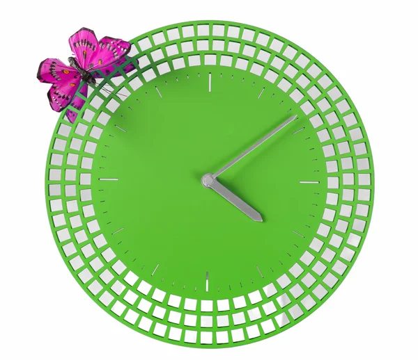 Relógio de parede moderno com borboleta de seda — Fotografia de Stock
