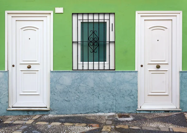 Hus fasad med två vita dörrar — Stockfoto