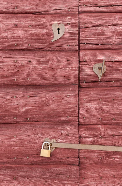 Primo Piano Una Vecchia Porta Esterna Legno Colore Rosso Con — Foto Stock