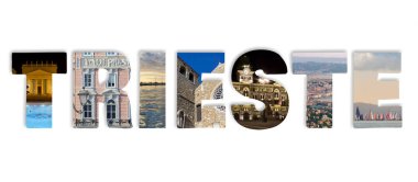 Şehrin simgelerinden birini temsil eden bir fotoğrafın her harfe uygulandığı kelime Trieste.