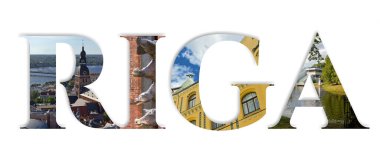 Riga kelimesi her harfe şehrin simgelerinden birini temsil eden bir fotoğraf uygulanır.