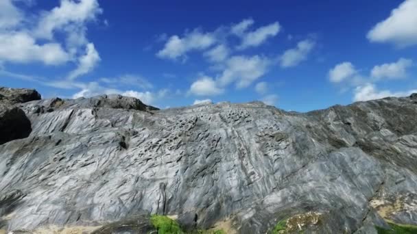 Omhoog verplaatsen pan over kust rots onthullen weergave van Fistral Beach, Towan Head, Newquay, Cornwall in de zomer. — Stockvideo