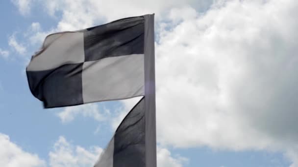 Zwart-wit geblokte badmeesters vlag waait in de wind op het strand op een zonnige zomers-dag — Stockvideo