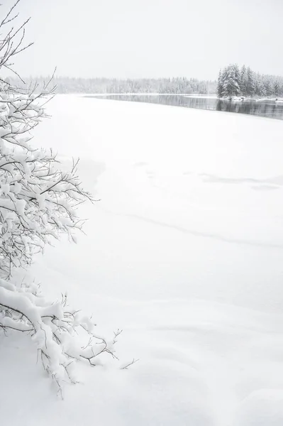 Paisagem Inverno Longo Margem Rio Coberta Neve — Fotografia de Stock