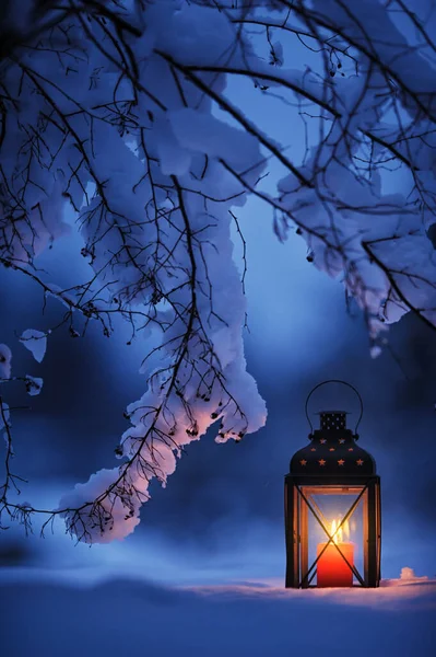 Lanterne Bougie Dans Neige — Photo