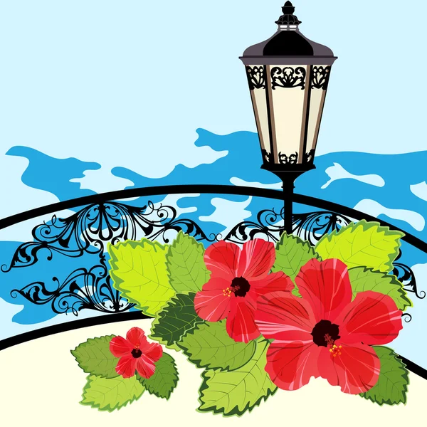 A lámpa, a kerítés és a virágok trópusi tengerpart — Stock Vector