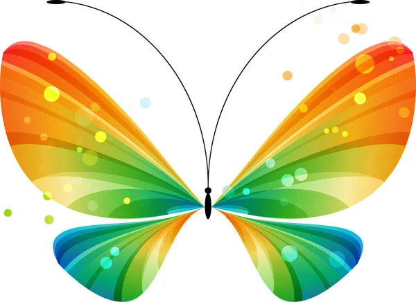 白の背景に美しいカラフルな多色の縞模様の蝶 黒のアンテナ 4つの翼 翼の2つのペア 様式化された蝶 シンボル 明るい蝶 美しい蝶 — ストックベクタ