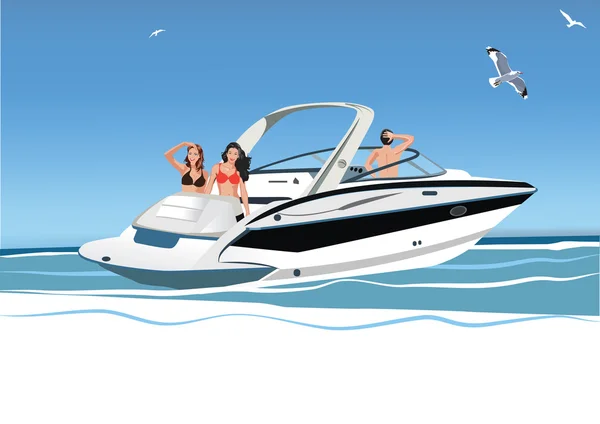Jeunes femmes et hommes reposant sur un yacht, illustration vectorielle — Image vectorielle