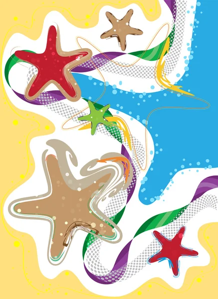 Costa, Mar y estrellas de mar, composición estilizada de colores — Archivo Imágenes Vectoriales