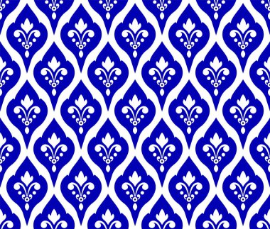 Kusursuz Tayland deseni, kusursuz bir geçmişi var. Tasarım için mavi ve beyaz modern çiçek deseni, porselen, çingene, seramik döşeme, tavan tasarımı, doku, duvar, kağıt ve kumaş, vektör çizimi