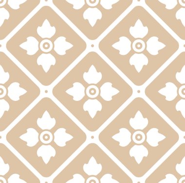 Klasik klasik fayans tasarımı, iç tekstil ve döşeme için kusursuz dekoratif desen. Bej ve beyaz desenli kusursuz çiçek deseni. Zarif Akdeniz tarzı. Elmas çerçeveli soyut geometrik çiçek motifi. Minimalist vektör süslemesi