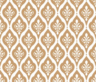 Lüks duvar kâğıdı için zarif altın ve beyaz lacivert desenli arka plan. Klasik çiçekli süslemesiz desen. Tekstil ve kumaş için klasik damaske motifi. Şatafatlı damasyon kusursuz desenli vektör çizimi.