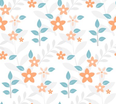 Pastel turuncu çiçekleri ve beyaz arka planda yeşil yaprakları olan sevimli, dikişsiz desenli bir çiçek. Tekstil, duvar kâğıdı ve kumaş tasarımı için minimalist vektör renkli desen. Düz tasarım tarzında yumuşak pastel botanik arkaplan.