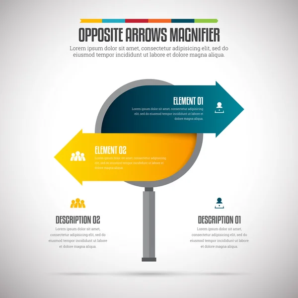 Infografía de lupa de flechas opuestas — Vector de stock