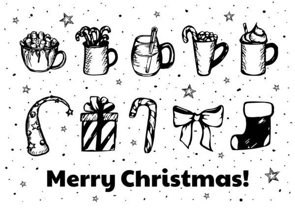 Christmas set black and white vector illustration — Stock Vector