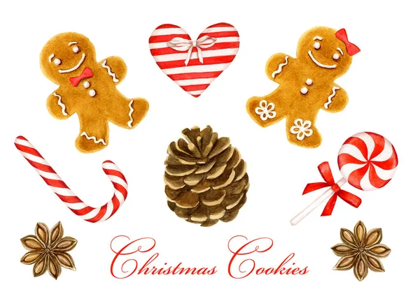 Acuarela colección de decoraciones navideñas galletas de jengibre, bastón de caramelo, piruleta, anís, cono de abeto, corazón —  Fotos de Stock