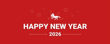 Cesur beyaz tipografisi, minimalist koşu atı grafiği ve dengeli bir şekilde yerleştirilmiş zarif şenlik parıltılarıyla modern kırmızı yeni yıl 2026 afişi. Tatil tebrikleri için tasarım.